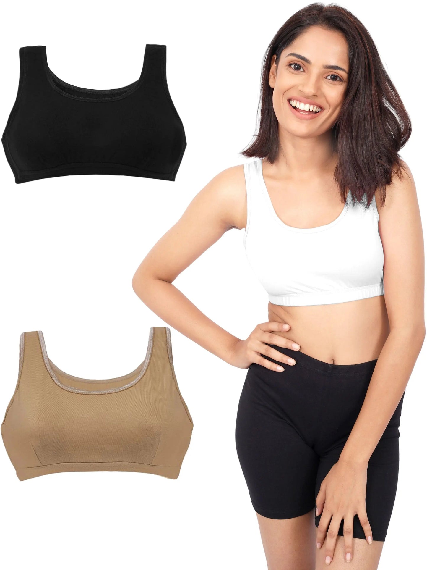 D'CHICA Essentials Double-Layer Broad Strap Sports Bra | Everyday Bra for Young Women | Solid pack of 3 D'chica