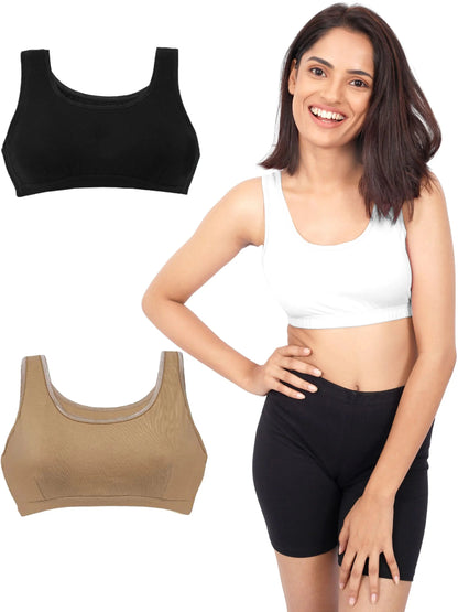 D'CHICA Essentials Double-Layer Broad Strap Sports Bra | Everyday Bra for Young Women | Solid pack of 3 D'chica