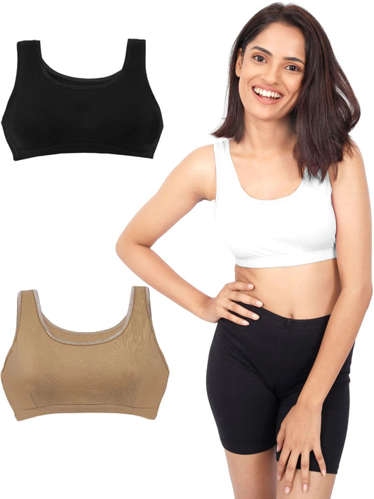 D'CHICA Essentials Double-Layer Broad Strap Sports Bra | Everyday Bra for Young Women | Solid pack of 3 D'chica
