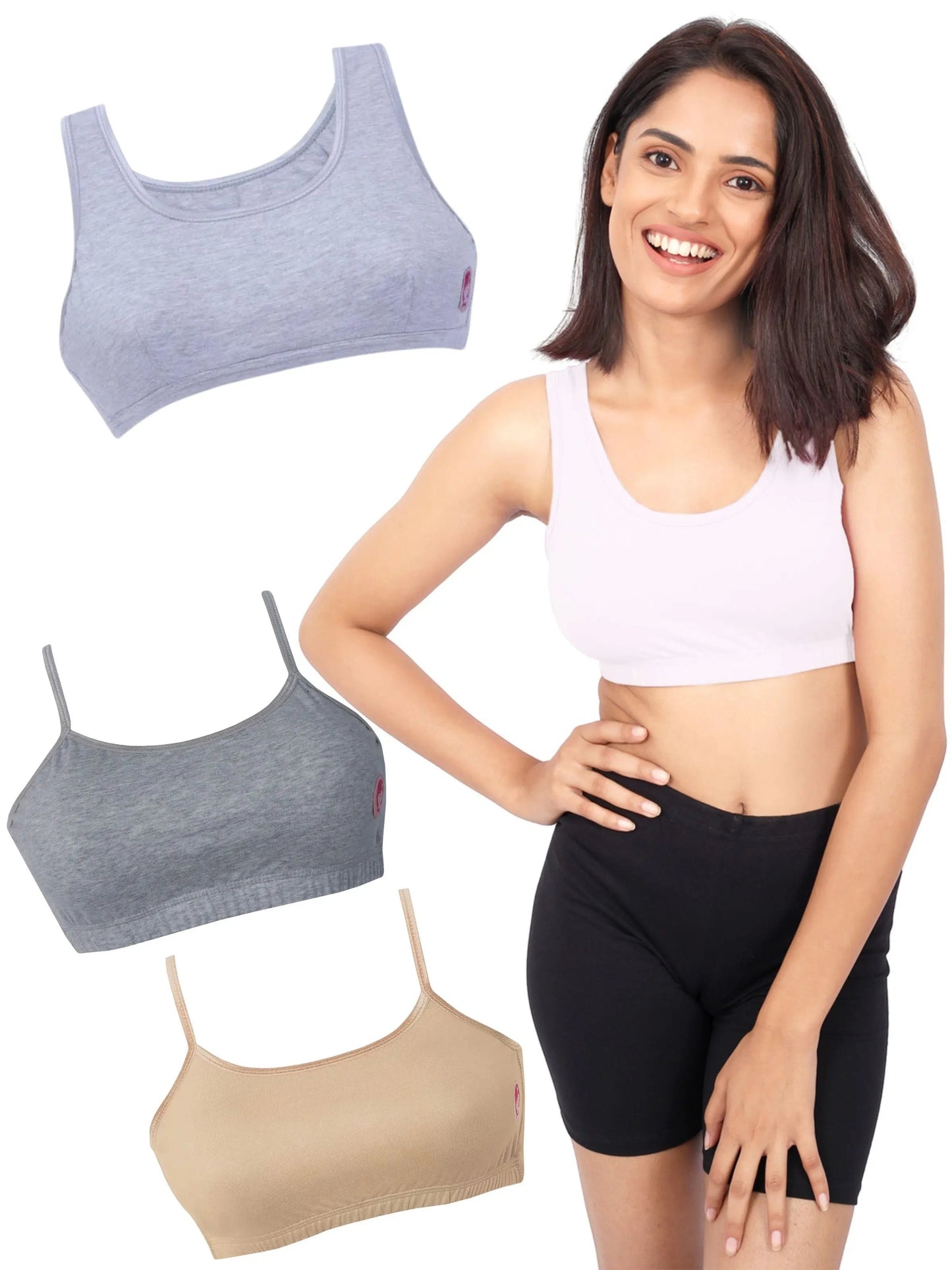 D'CHICA Essentials Double-Layer Broad & Thin Strap Sports Bra | Everyday Bra for Young Women | Solid pack of 3 D'chica