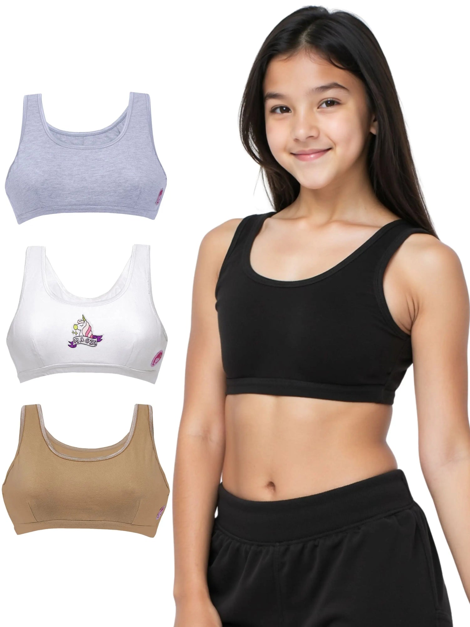D'CHICA Essentials Double-layer Broad Strap Cotton Sports Bra | Non-Padded Beginner Bra | Unicorn Print & Solid Bra D'chica