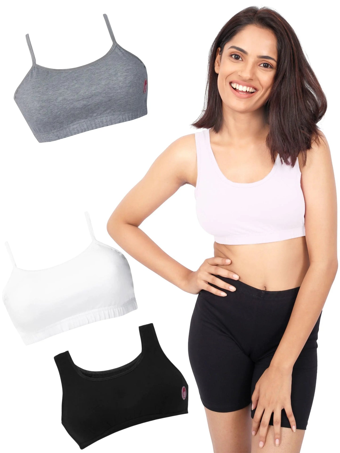 D'CHICA Essentials Double-layer Broad & Thin Strap Cotton Sports Bra | Non Padded Bra For Young Women | Solid Bra Pack of 4 D'chica