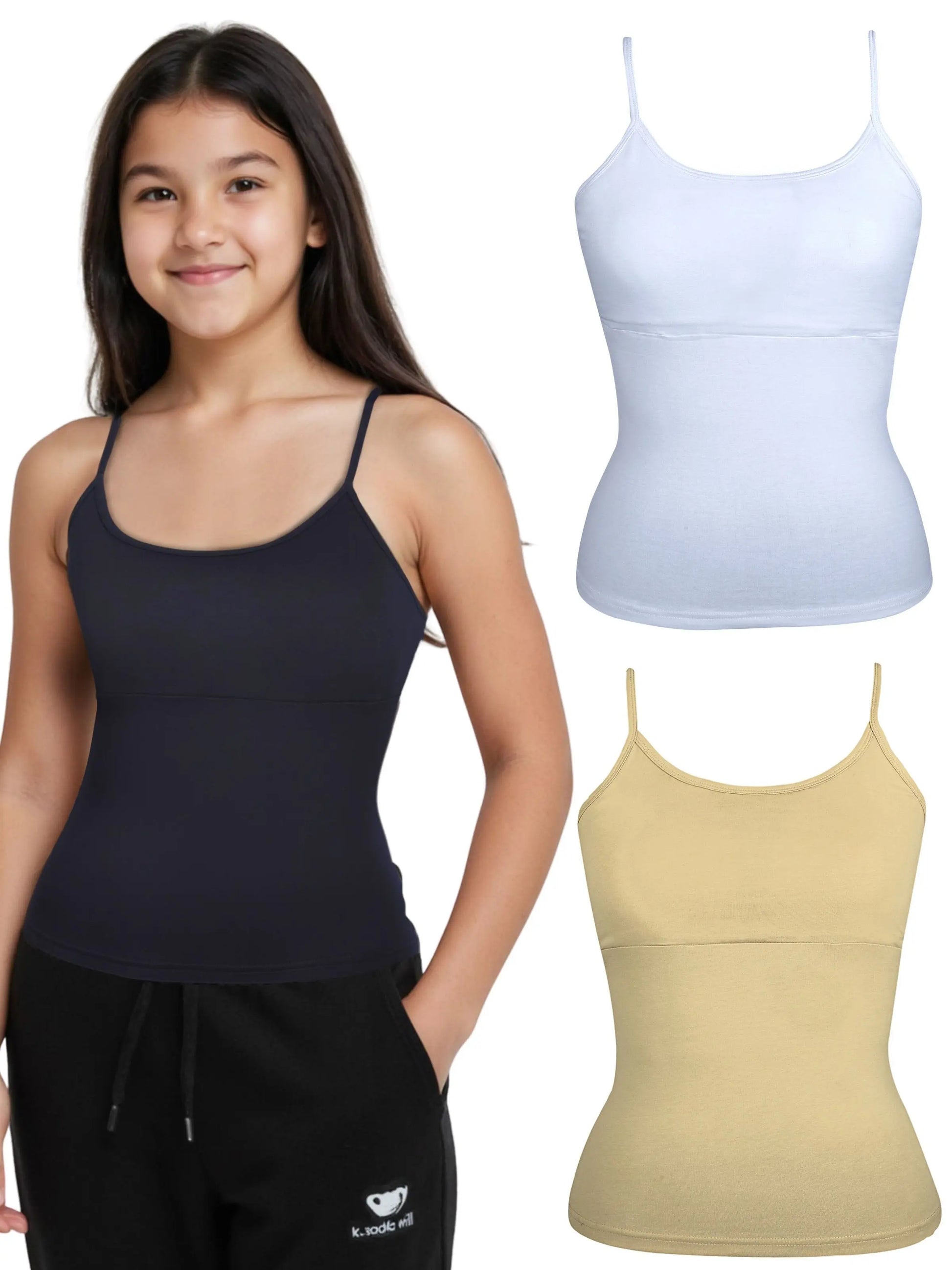 D'CHICA Essentials High Coverage Cotton Starter Camisole Bra | Adjustable Strap | Skin Tone | White | Black Pack of D'chica