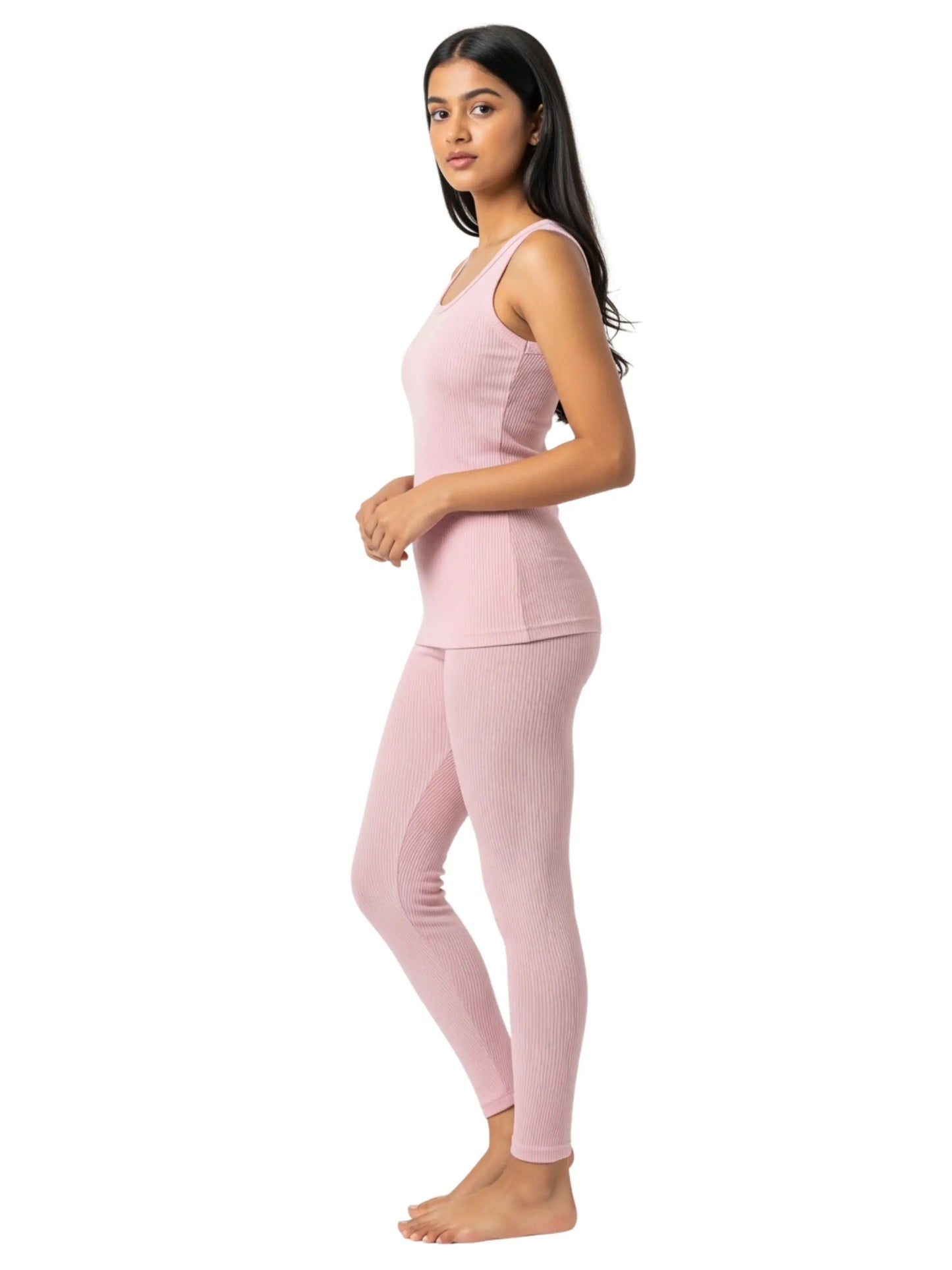 D'CHICA Essentials Regular Fit Warm Thermal Set | Pink Thermal Tank Top & Leggings For Young Women | Set of 2 D'chica