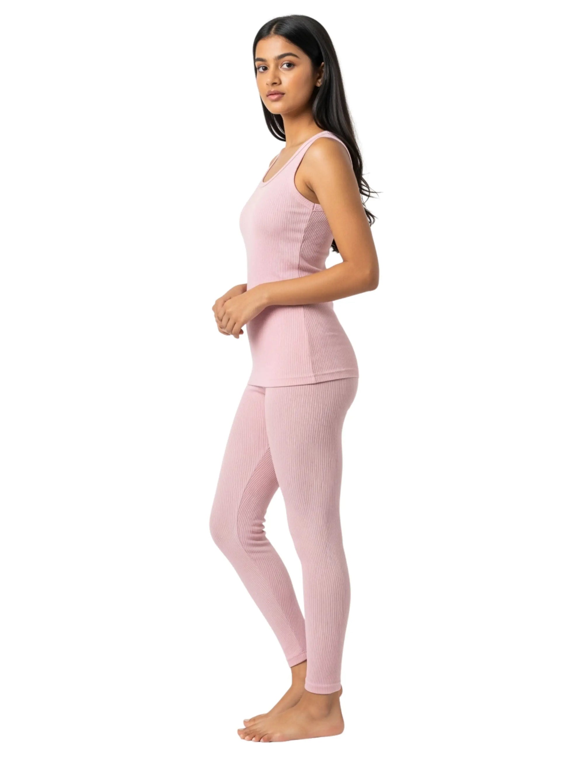 D'CHICA Essentials Regular Fit Warm Thermal Set | Pink Thermal Tank Top & Leggings For Young Women | Set of 2 D'chica