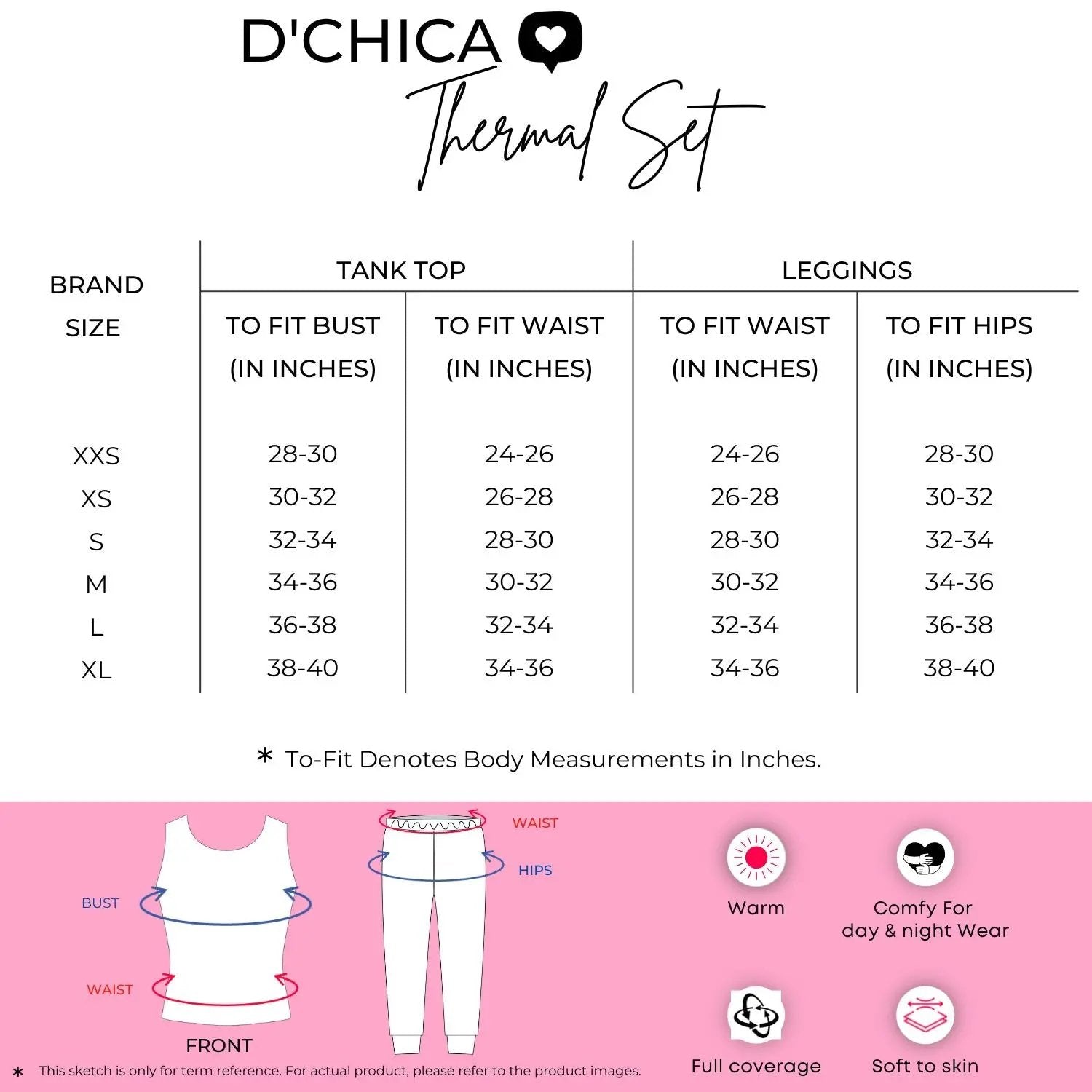 D'CHICA Essentials Regular Fit Warm Thermal Set | Pink Thermal Tank Top & Leggings For Young Women | Set of 2 D'chica