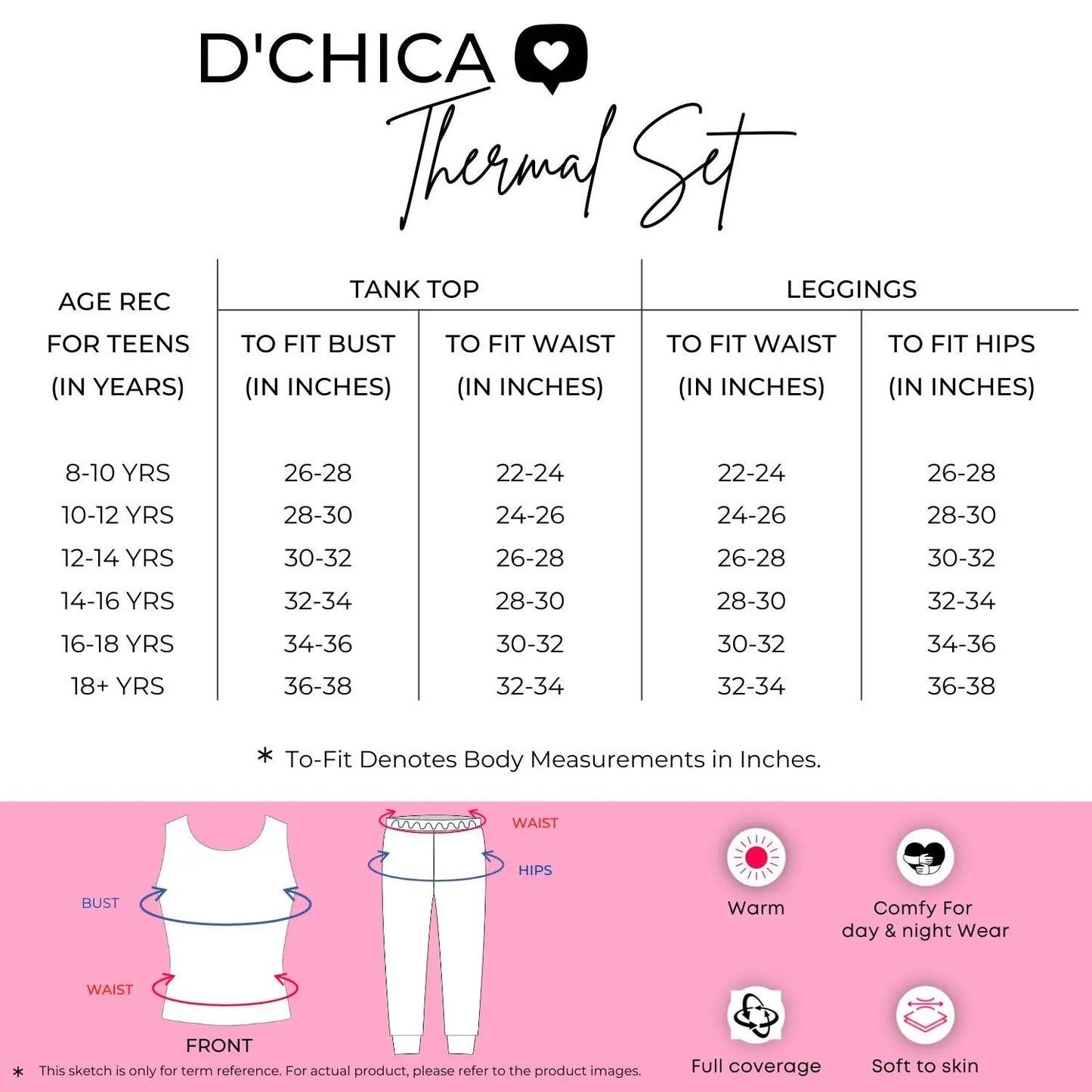 D'CHICA Essentials Regular Fit Warm Thermal Set | Pink Winterwear For Girls | Set of 1 D'chica