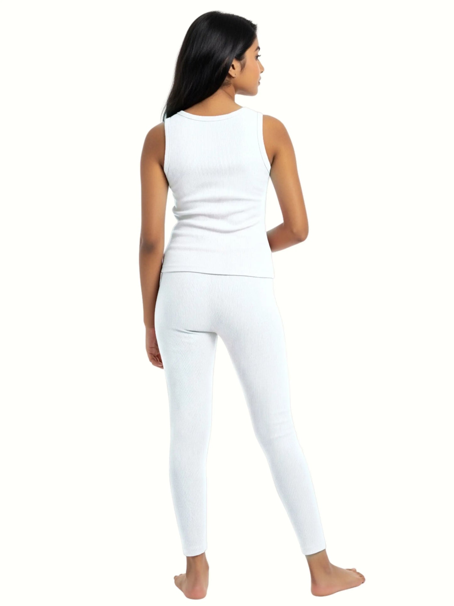 D'CHICA Essentials Regular Fit Warm Thermal Set | White Thermal Tank Top & Leggings For Young Women | Set of 2 D'chica