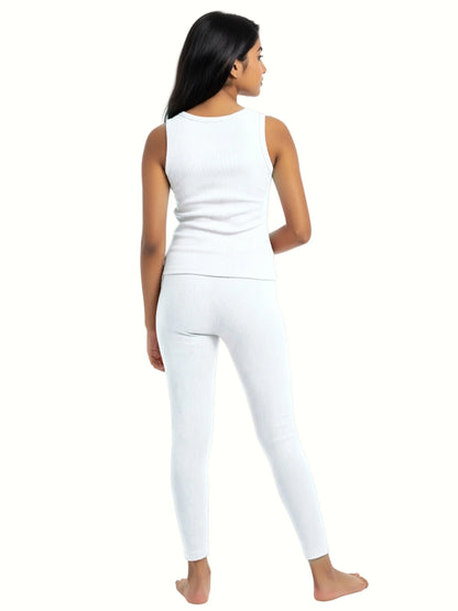 D'CHICA Essentials Regular Fit Warm Thermal Set | White Thermal Tank Top & Leggings For Young Women | Set of 2 D'chica