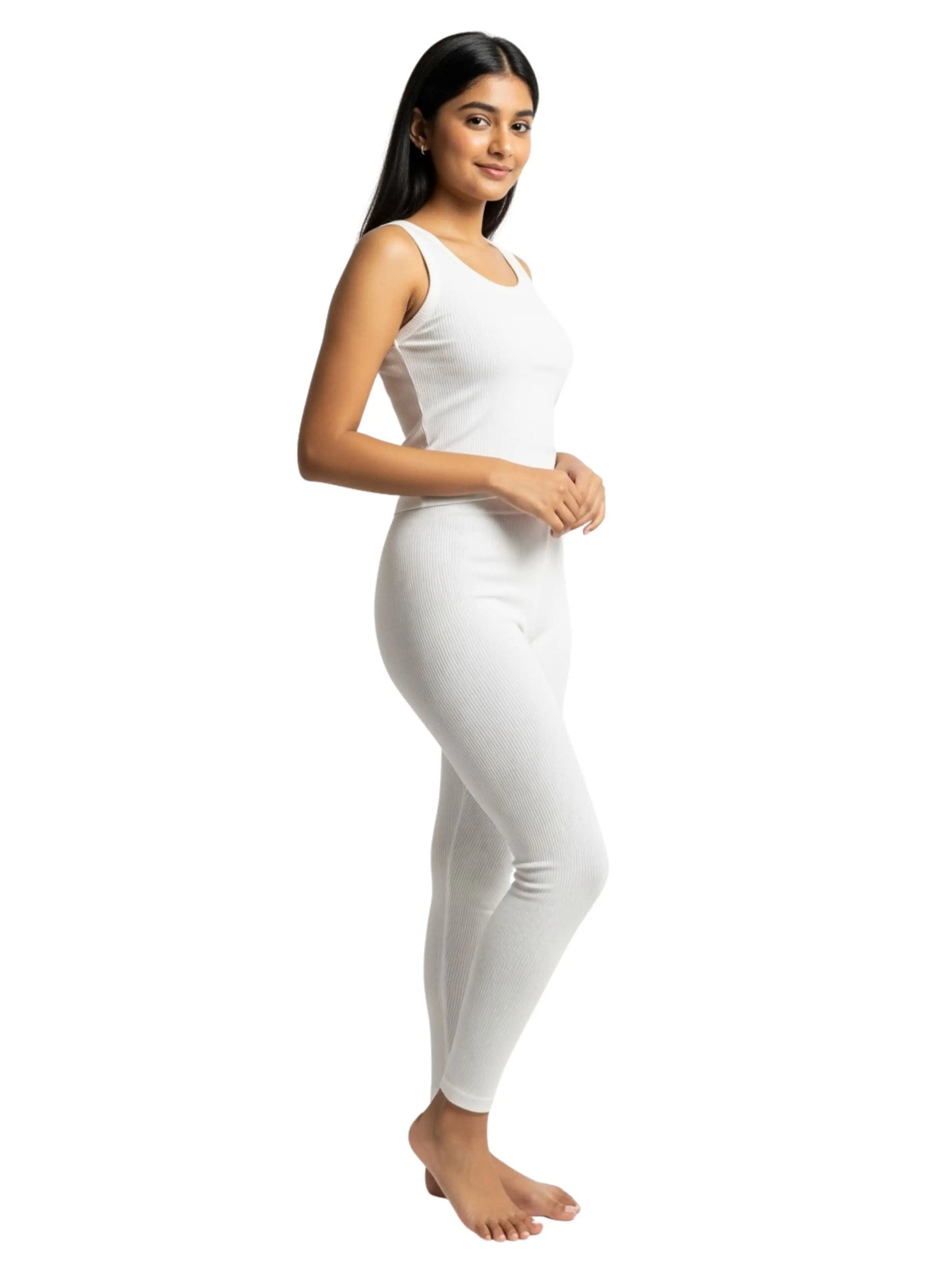 D'CHICA Essentials Regular Fit Warm Thermal Set | White Thermal Tank Top & Leggings For Young Women | Set of 2 D'chica