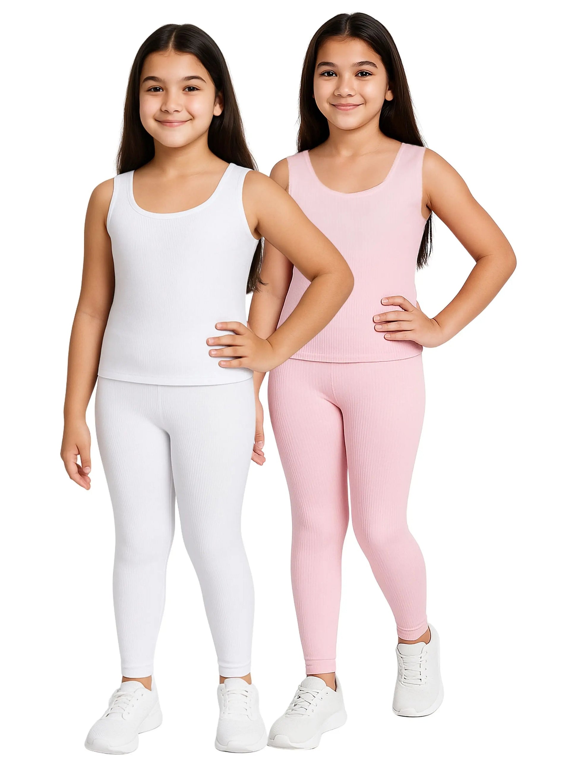 D'CHICA Essentials Regular Fit Warm Thermal Set | White & Pink Thermal Tank Top & Leggings For Girls | Pack of 2 D'chica
