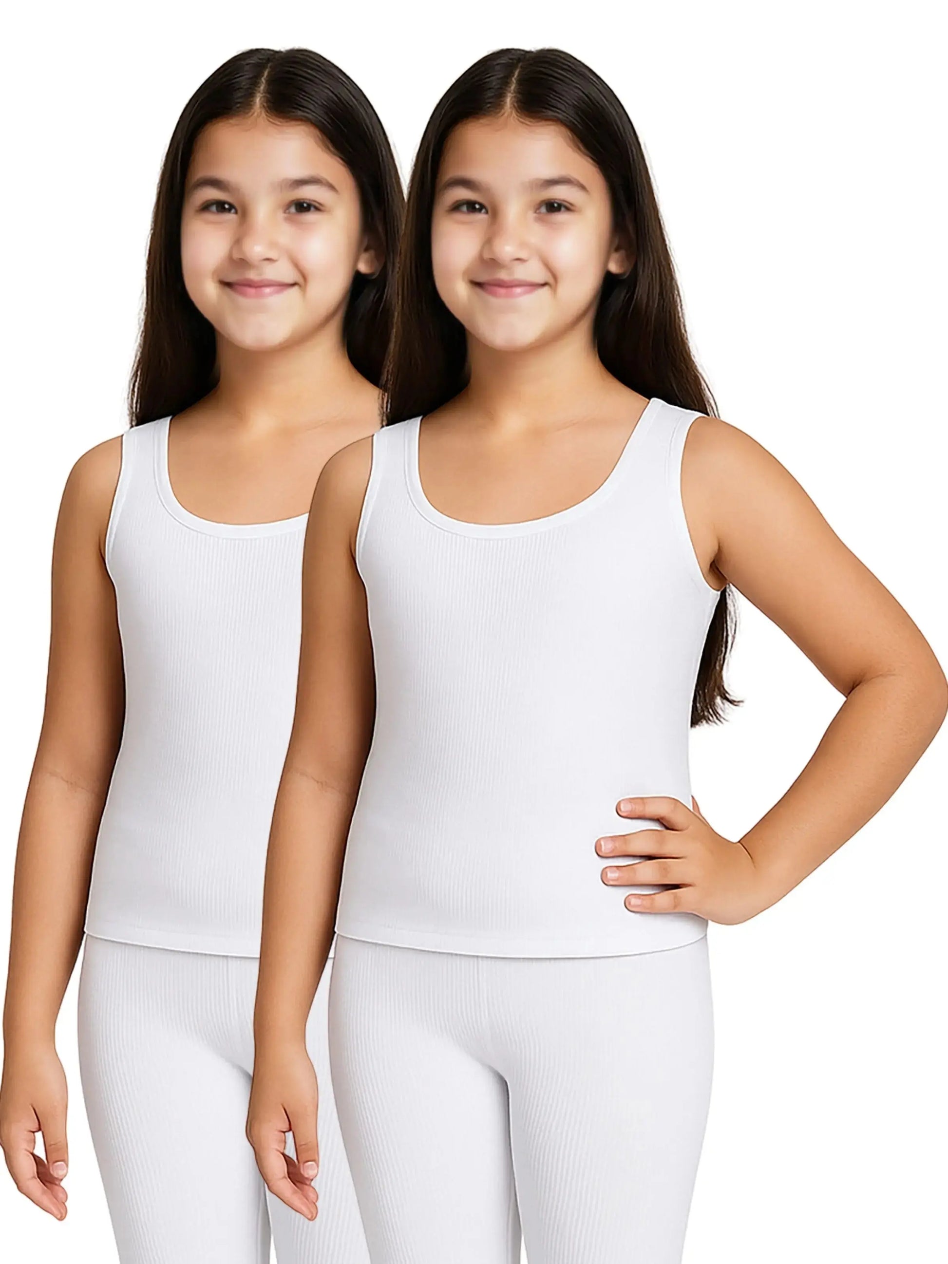 D'CHICA Essentials Round Neck Sleeveless Thermal Tank Top | White Winterwear For Girls | Set of 2 D'chica