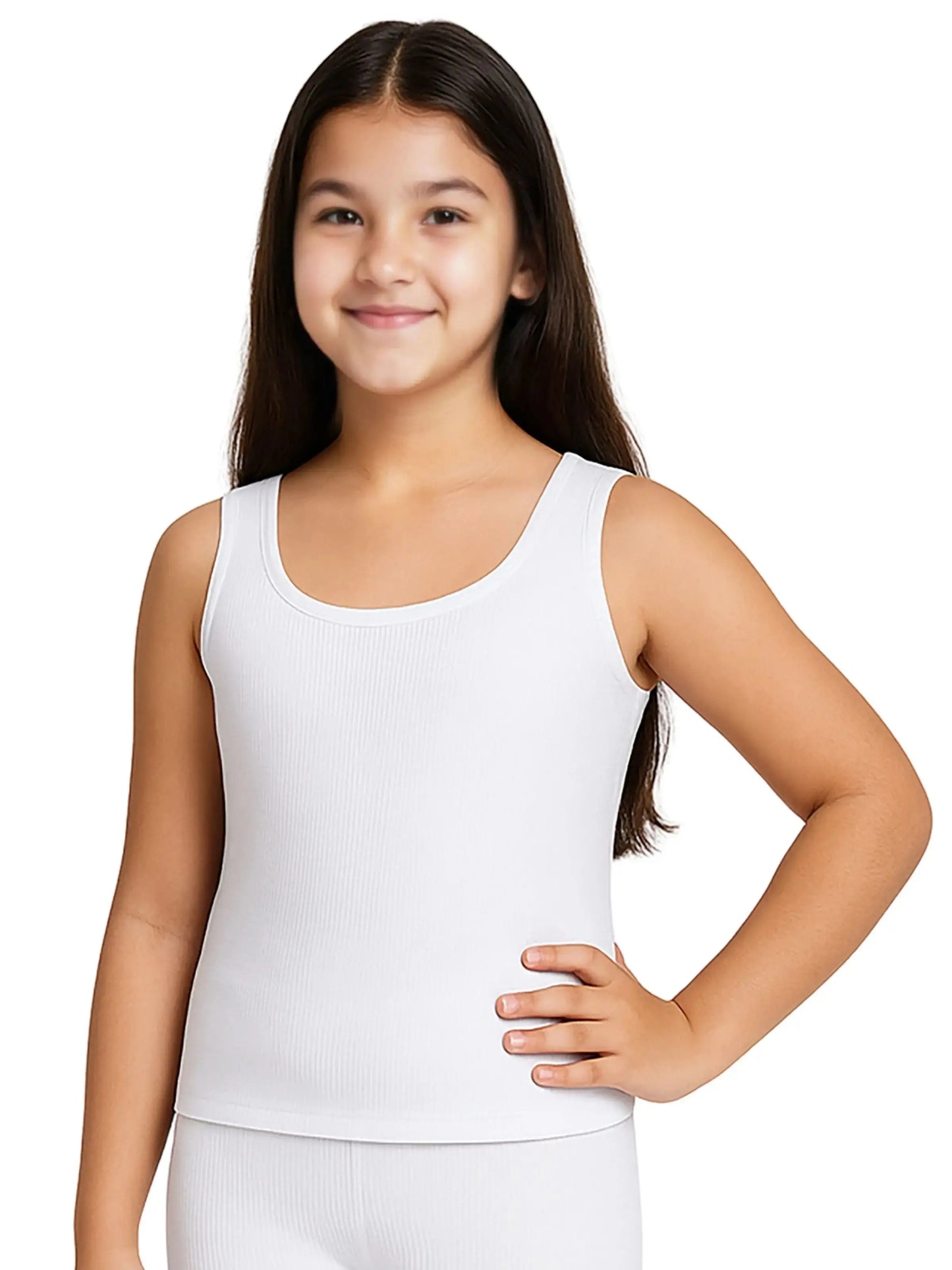 D'CHICA Essentials Round Neck Sleeveless Thermal Tank Top | White Winterwear For Girls | Set of 2 D'chica