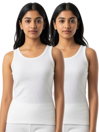 D'CHICA Essentials Round Neck Sleeveless Thermal Tank Top | White Winterwear For Womens | Set of 2 D'chica