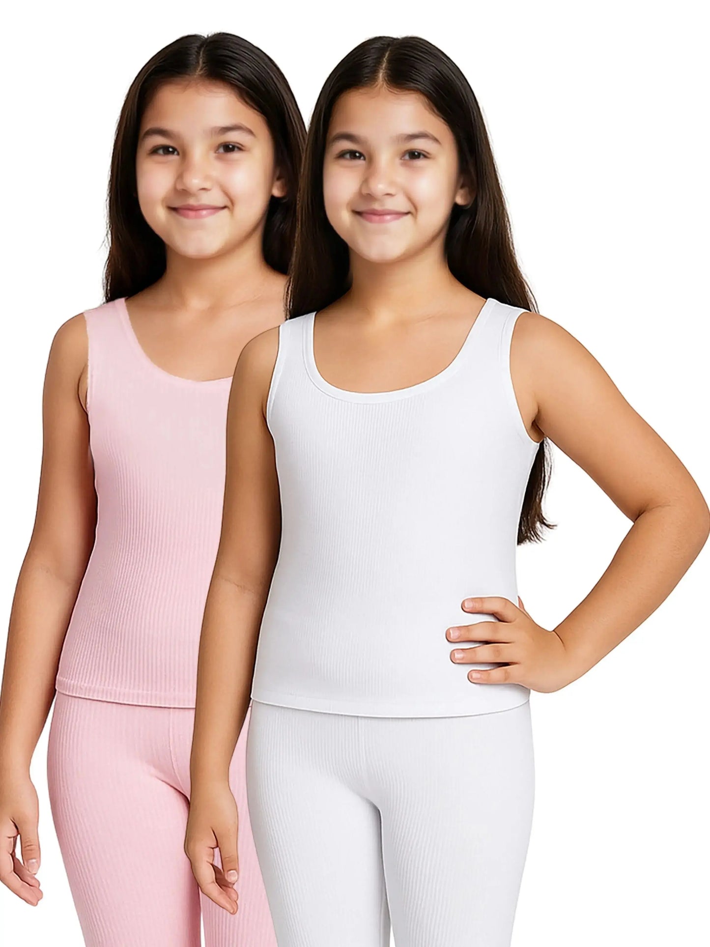 D'CHICA Essentials Round Neck Sleeveless Thermal Tank Top | White & Pink Winterwear For Girls | Set of 2 D'chica