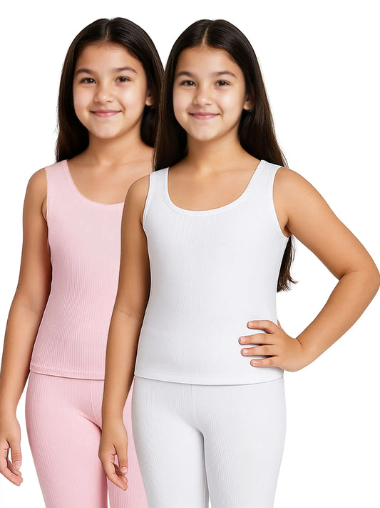 D'CHICA Essentials Round Neck Sleeveless Thermal Tank Top | White & Pink Winterwear For Girls | Set of 2 D'chica