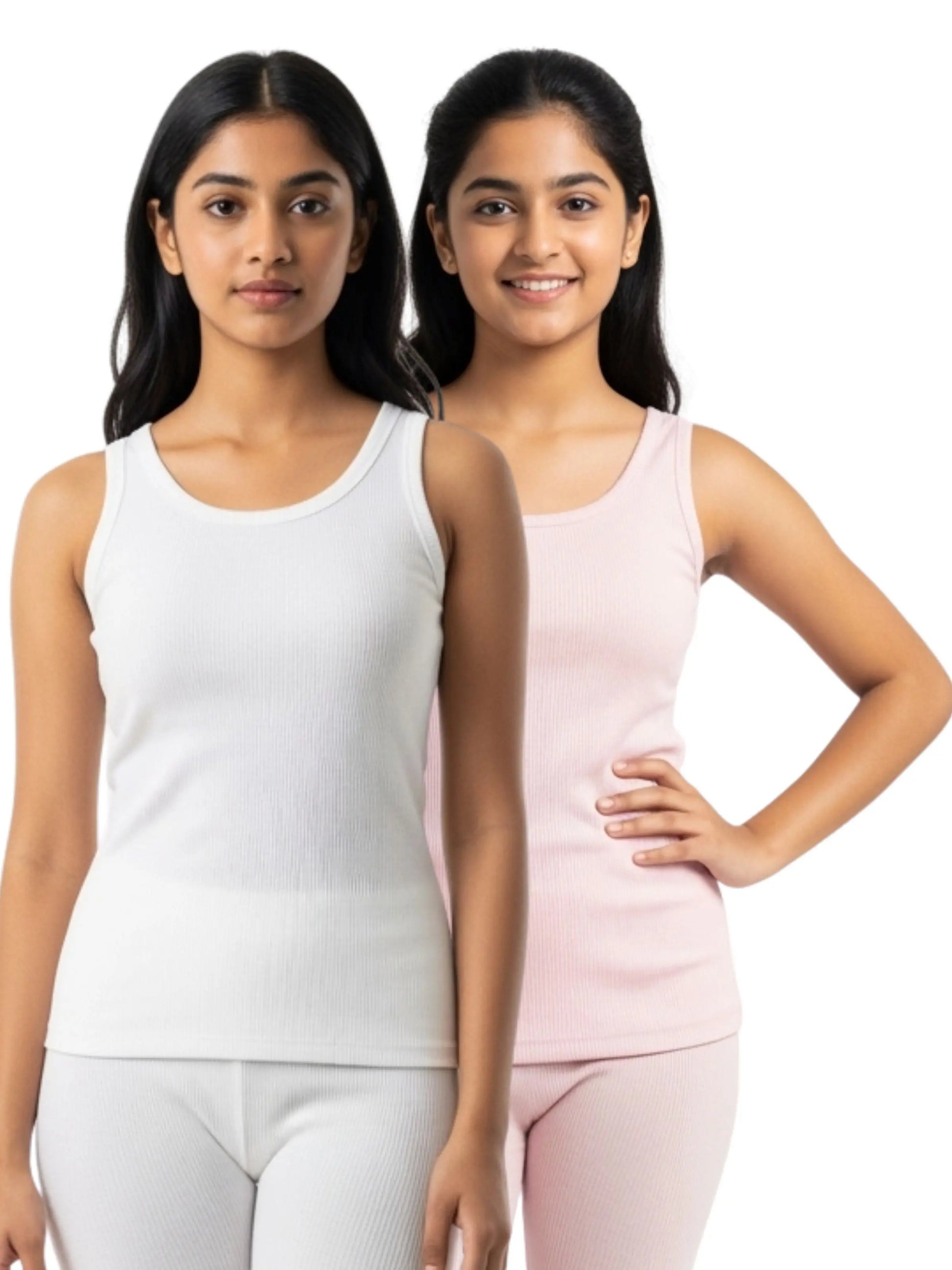 D'CHICA Essentials Round Neck Sleeveless Thermal Tank Top | White & Pink Winterwear For Womens | Set of 2 D'chica