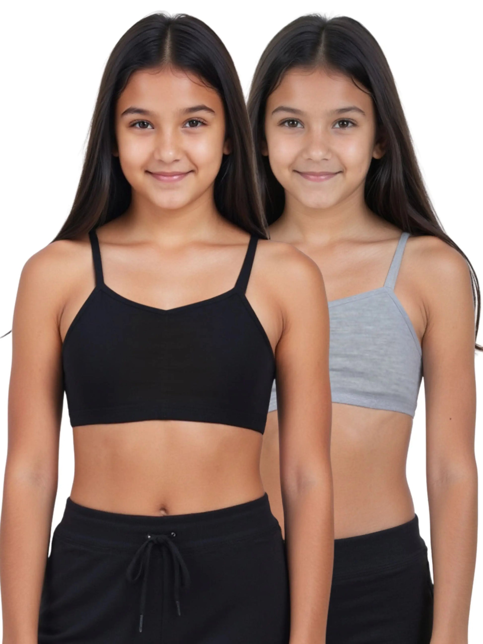 D'CHICA Essentials Thin Strap Cotton Padded Sports Bra for Girls | Removable Pads | Elasticated Underbrand | Good Support | Full Coverage Pack of 2 | Grey & Black Sports Bra D'chica