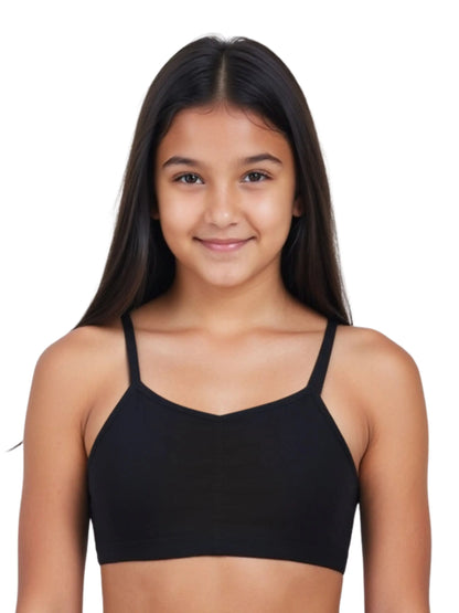 D'CHICA Essentials Thin Strap Cotton Padded Sports Bra for Girls | Removable Pads | Elasticated Underbrand | Good Support | Full Coverage Pack of 2 | Grey & Black Sports Bra D'chica