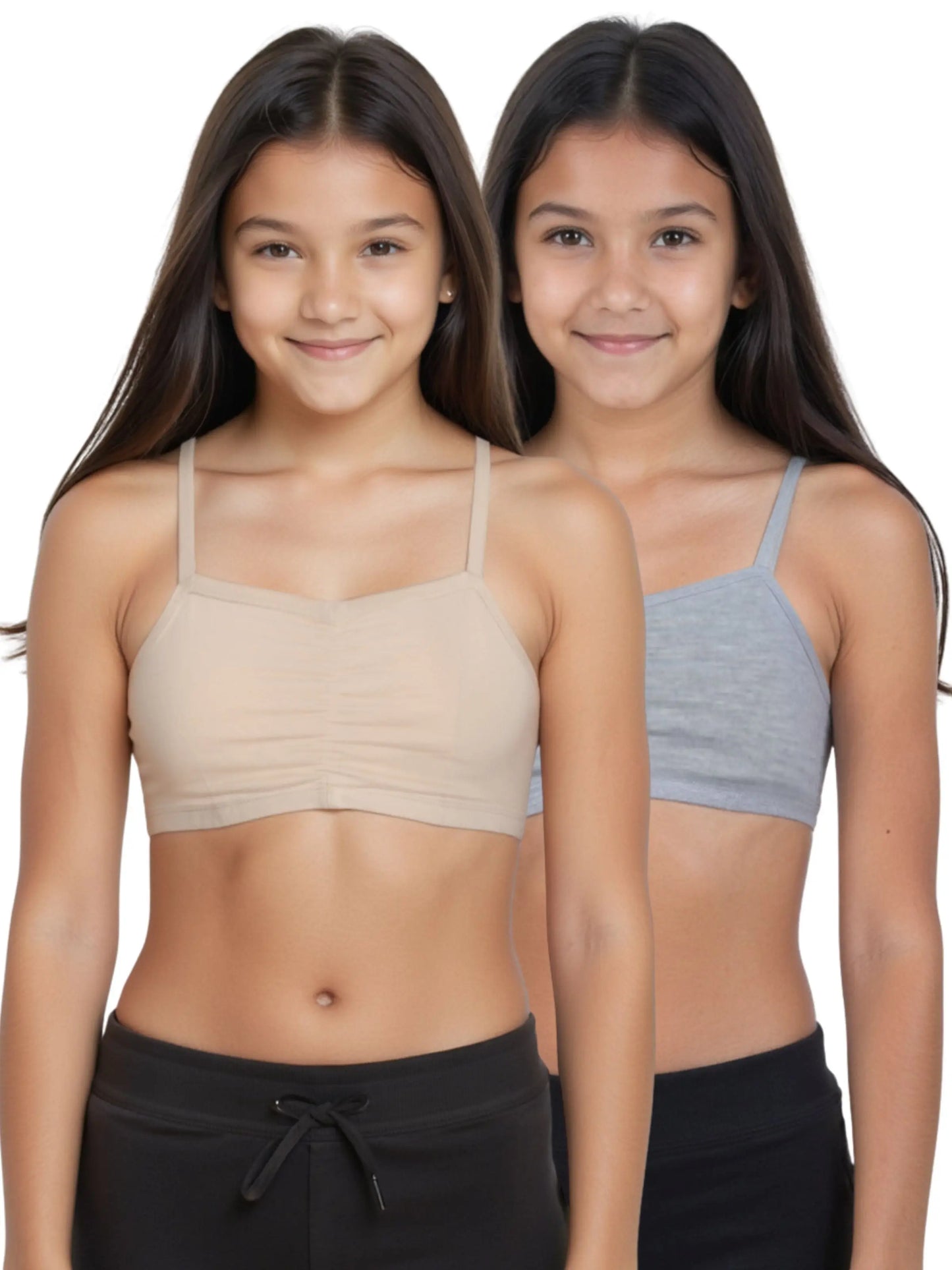 D'CHICA Essentials Thin Strap Cotton Padded Sports Bra for Girls | Removable Pads | Elasticated Underbrand | Good Support | Full Coverage Pack of 2 | Grey & Skin Sports Bra D'chica