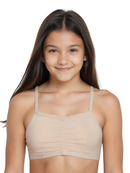 D'CHICA Essentials Thin Strap Cotton Padded Sports Bra for Girls | Removable Pads | Elasticated Underbrand | Good Support | Full Coverage Pack of 2 | Grey & Skin Sports Bra D'chica