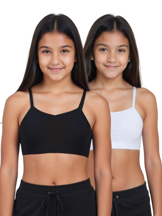 D'CHICA Essentials Thin Strap Cotton Padded Sports Bra for Girls | Removable Pads | Elasticated Underbrand | Good Support | Full Coverage Pack of 2 | White * Black Sports Bra D'chica