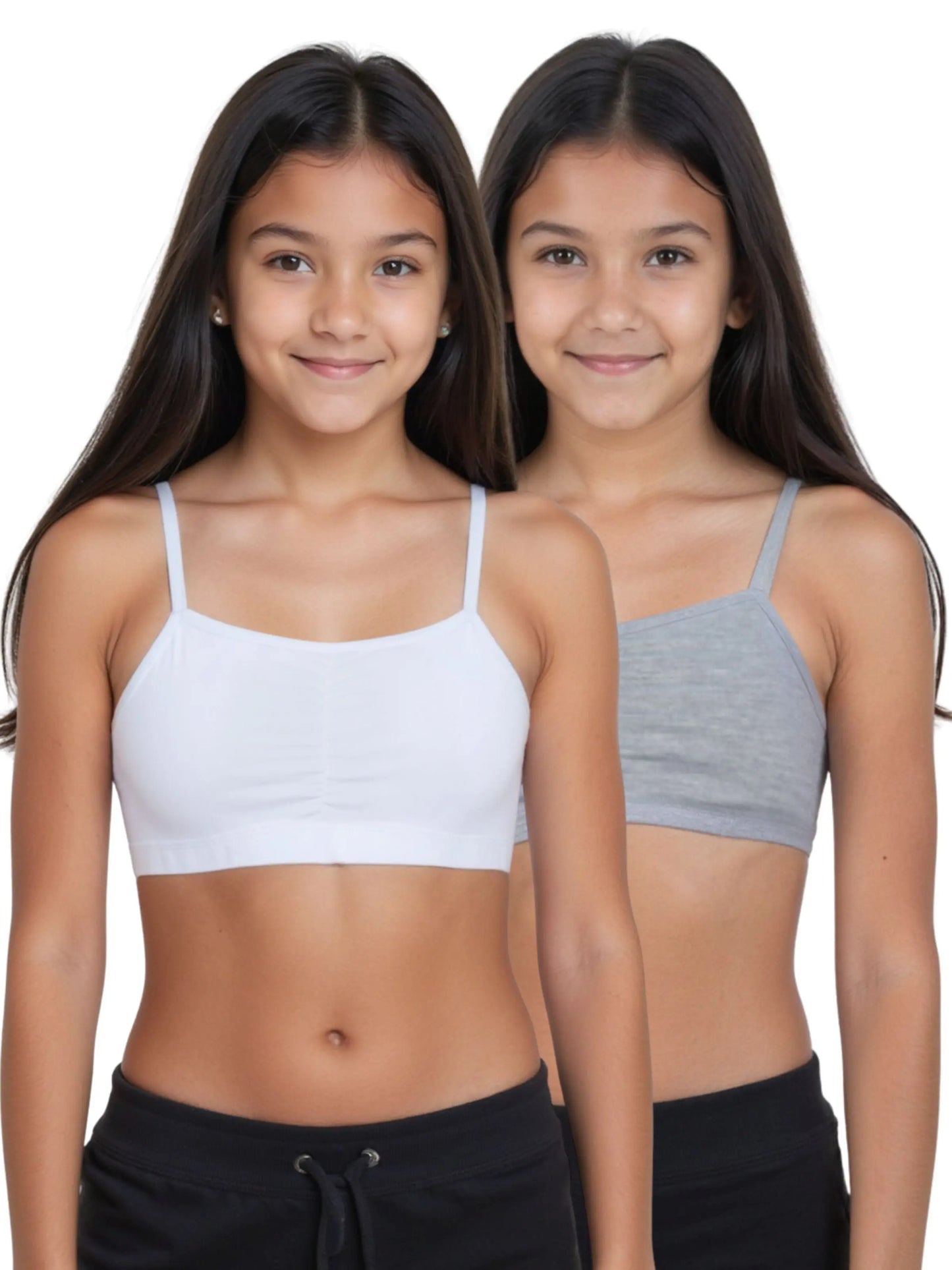 D'CHICA Essentials Thin Strap Cotton Padded Sports Bra for Girls | Removable Pads | Elasticated Underbrand | Good Support | Full Coverage Pack of 2 | White & Grey Sports Bra D'chica
