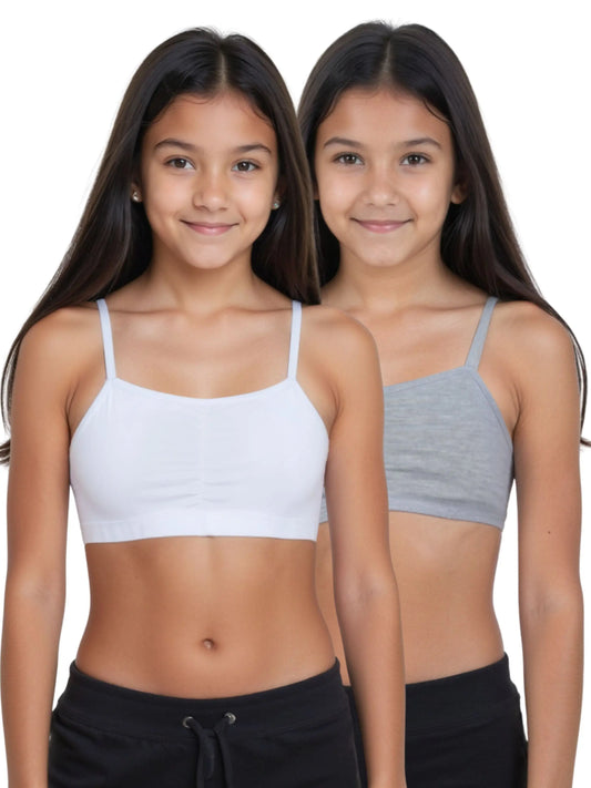 D'CHICA Essentials Thin Strap Cotton Padded Sports Bra for Girls | Removable Pads | Elasticated Underbrand | Good Support | Full Coverage Pack of 2 | White & Grey Sports Bra D'chica