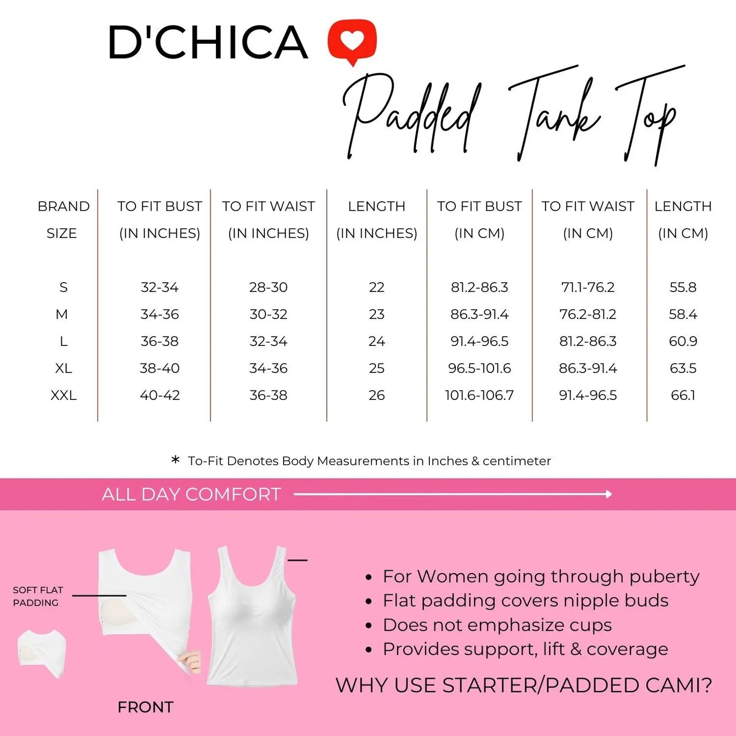 D'chica Essentials Padded Tank Top For Women's White | Soft & Supportive Fit for Daily Wear | Pack of 1 D'chica