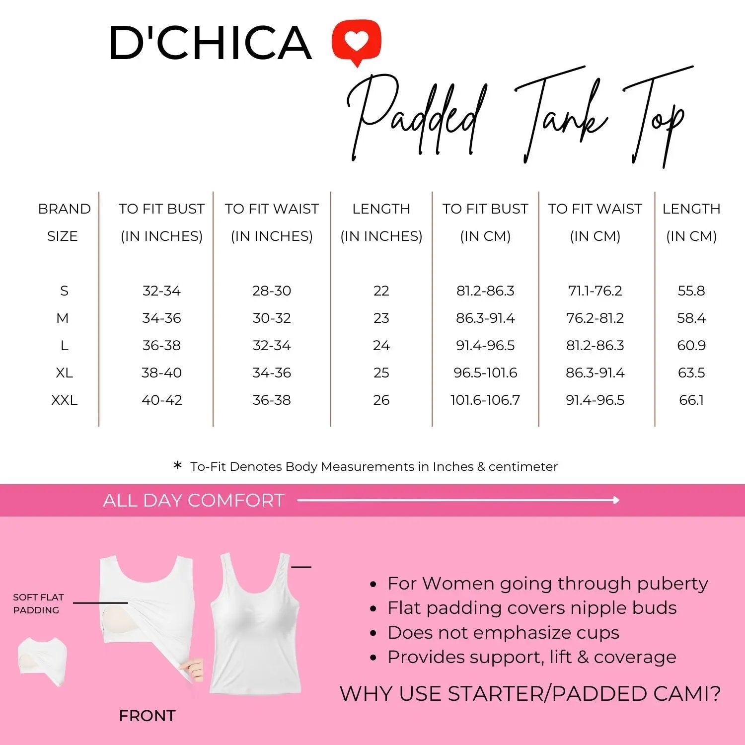 D'chica Essentials Padded Tank Top For Women's White | Soft & Supportive Fit for Daily Wear | Pack of 1 D'chica