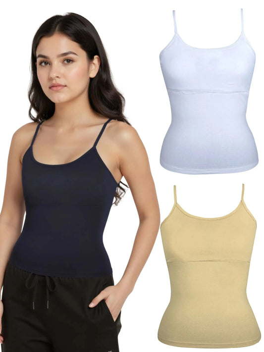 D'chica Essentials Solid colour  Foam Padded with Adjustable Straps High Coverage Cotton Camisole Bra for Women |Skin,White & Black | Pack of 3 D'chica Essentials