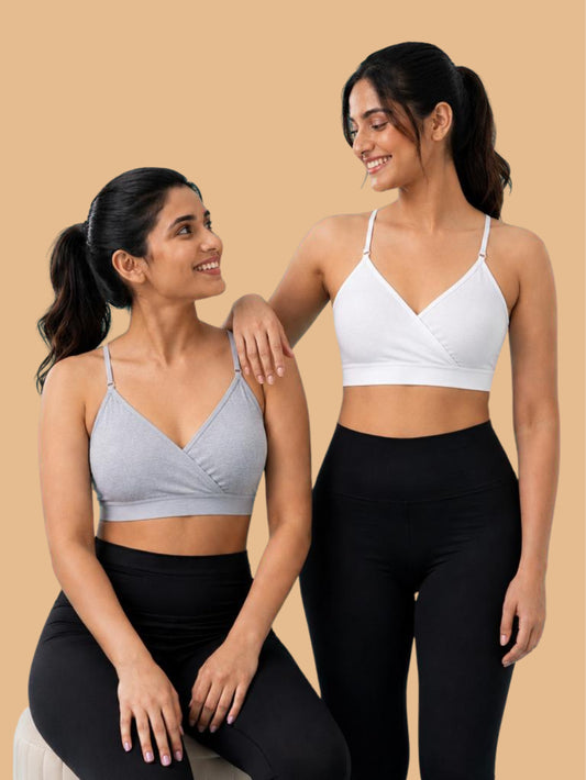Pack of 2 | Super Saver Everyday V-Neck Bra in Grey & White with Removable Padding & Adjustable Straps | Dchica Essentials