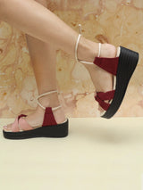 D'chica Suede Red & Peach Wedge Heels Ballerians - D'chica