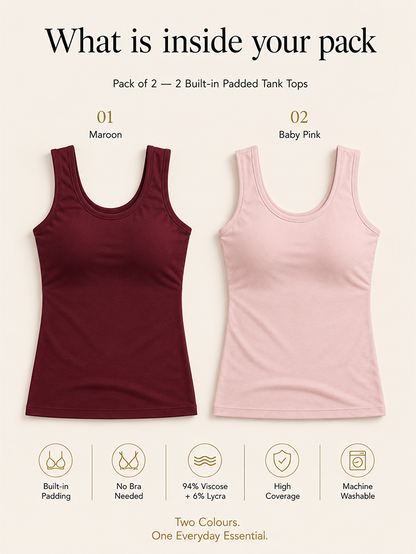 Pack of 2 | Soft & Supportive Fit for Daily Wear | Padded Tank Top For Women's Maroon & Pink | Dchica Essentials