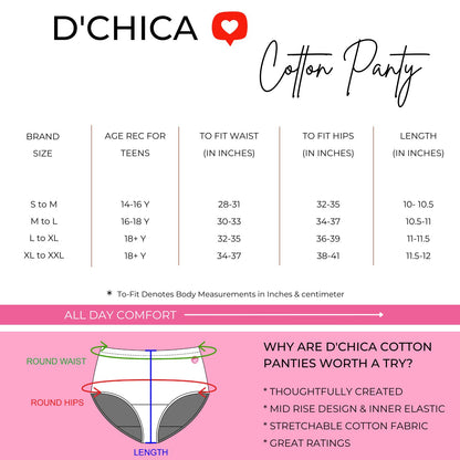 D'CHICA Essentials Cotton Hipster Briefs For Women | Breathable | Elasticated Waistband | Assorted Solid Panties Pack Of 7