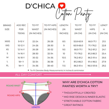 D'CHICA Essentials Mid Waist Assorted Cotton Hipster Panties | Print & Solid cotton Briefs (colour will send as per availability)