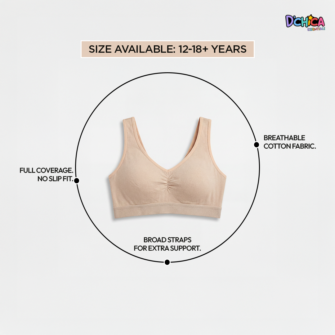 Pack of 4 | Broad Strap | Cotton Comfort | Removable Pads | Elasticated Underband | Good Support | Full Coverage | Multicolour | For Girls | D'CHICA Essentials | Gym Bra – | Dchica Essentials