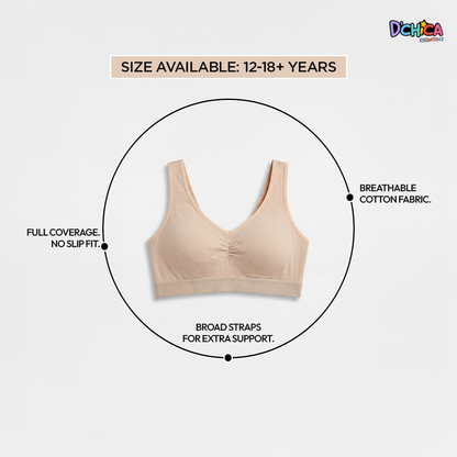 Pack of 4 | Broad Strap | Cotton Comfort | Removable Pads | Elasticated Underband | Good Support | Full Coverage | Multicolour | For Girls | D'CHICA Essentials | Gym Bra – | Dchica Essentials
