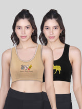 Double-layer Broad Strap Cotton Sports Bra | Non Padded Bra For Young Women | Printed Skin & Black Bra Pack of 2