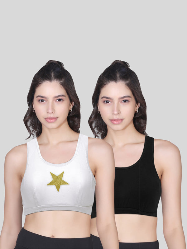 Double-layer Broad Strap Cotton Sports Bra | Everyday Bra For Young Women | Printed White & Solid Black Bra Pack of 2
