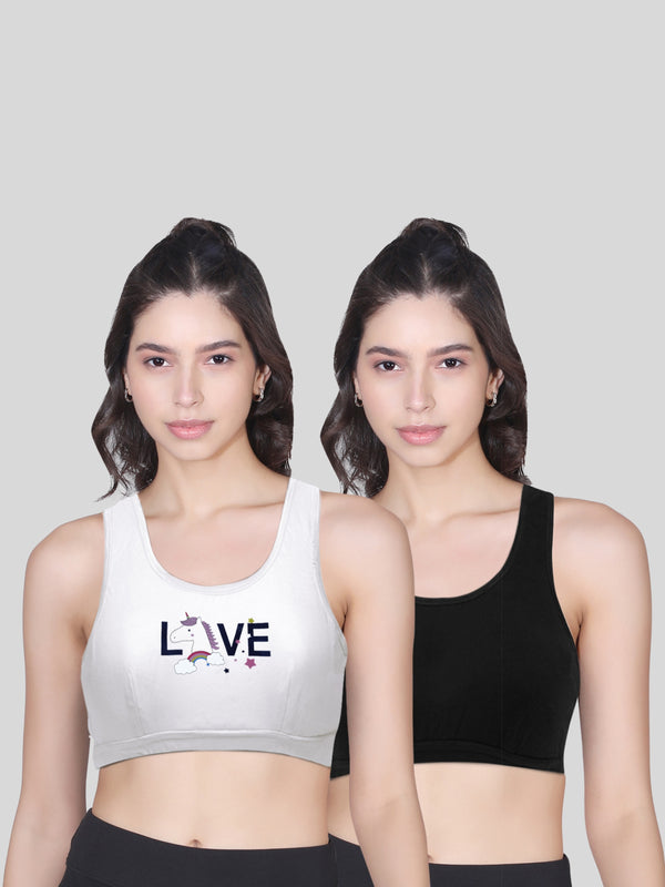 Double-layer Broad Strap Cotton Sports Bra | Non Padded Bra For Young Women | Printed White & Solid Black Bra Pack of 2