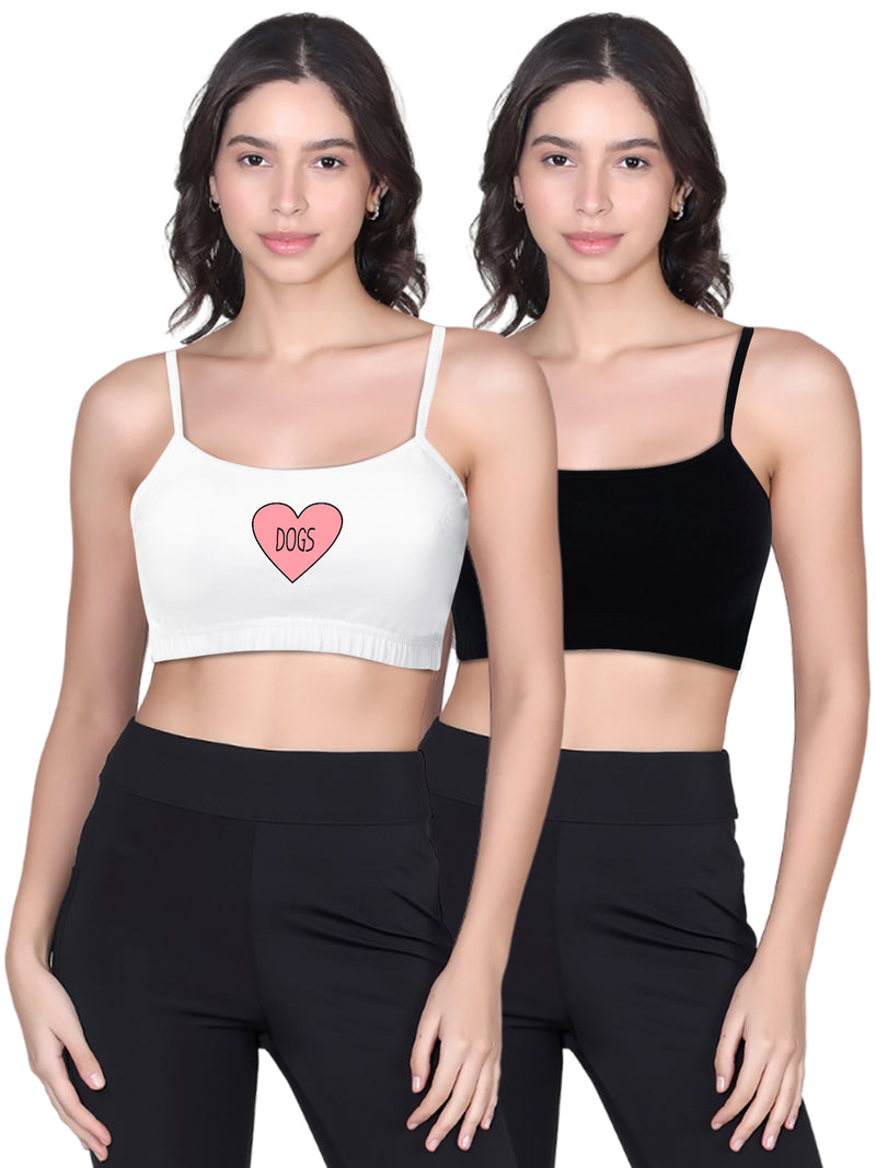 Double-layer Thin Strap Cotton Sports Bra | Non Padded Bra For Young Women | Printed White & Solid Black Bra Pack of 2