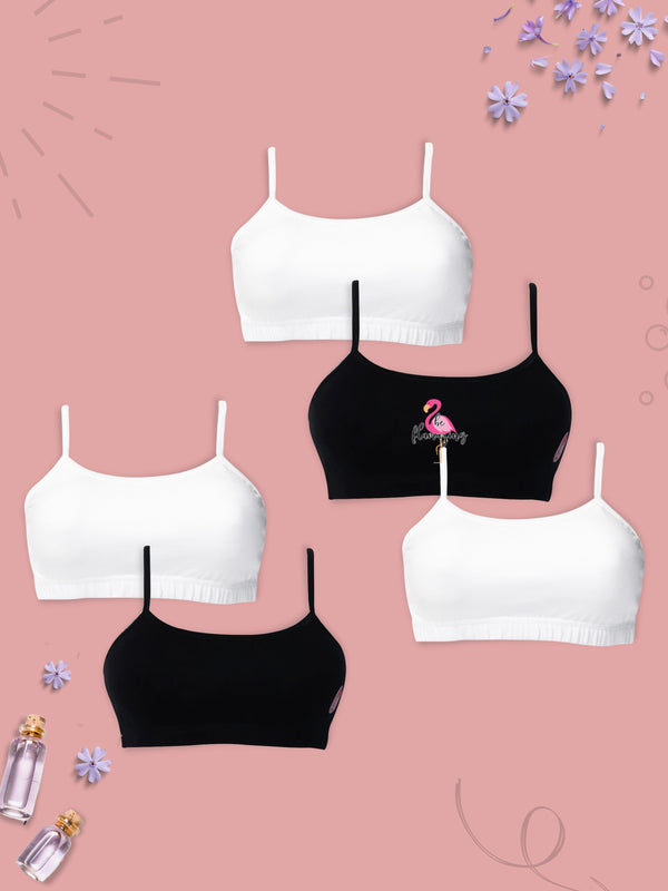 D'chica Pack of 5 Beginner Bras Non Paded Non Wired 2 Black & 3 White