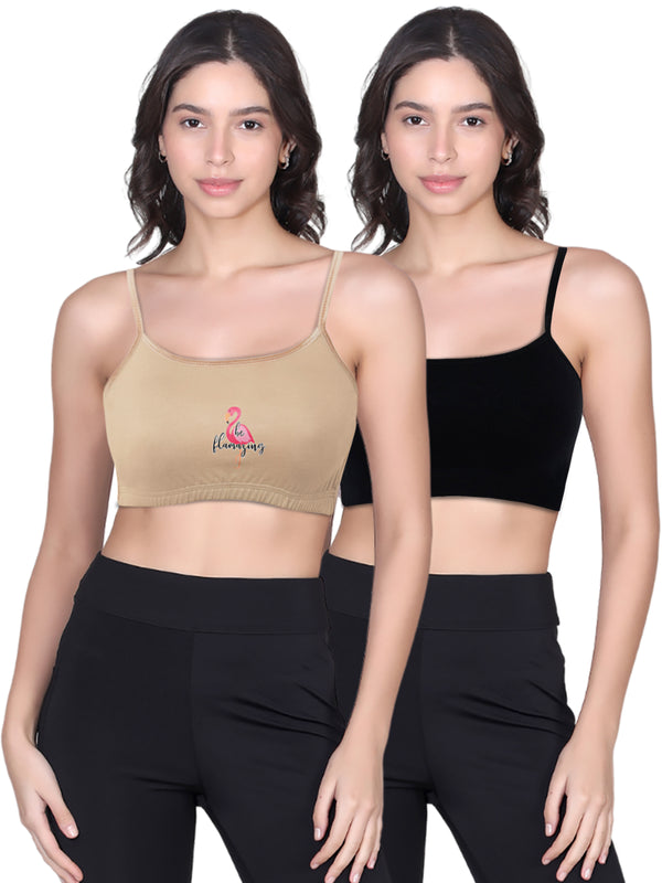 Double-layer Thin Strap Cotton Sports Bra | Non Padded Bra For Young Women | Printed & Solid Bra Pack of 2