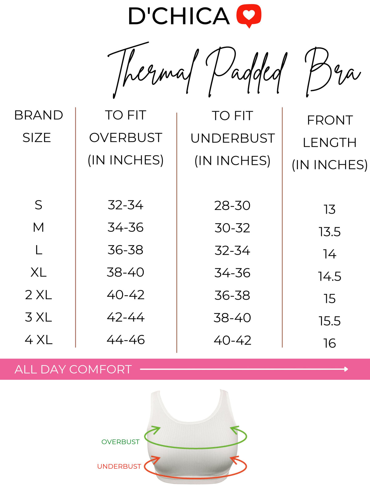 thermal padded bra size chart
