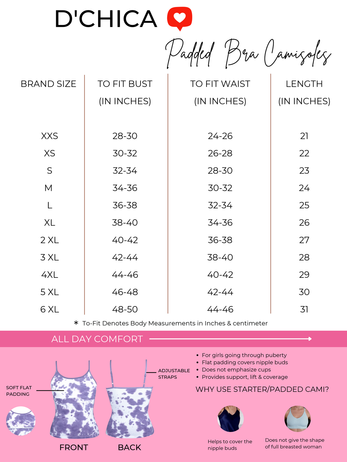 Pack of 1 | Cotton Cup Padded Camisole Bra in Pink with High Coverage & Adjustable Straps