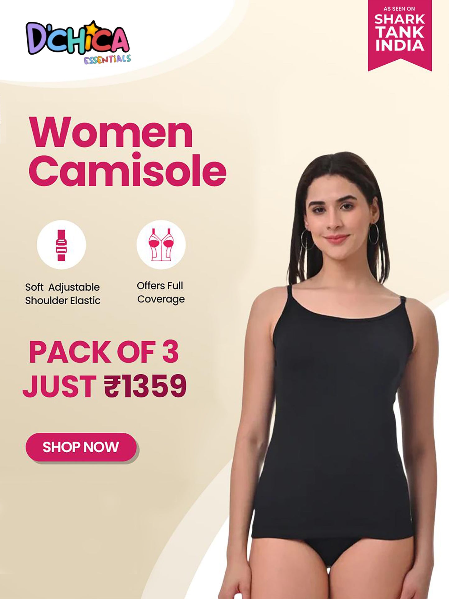 D'chica Essentials Solid colour  Foam Padded with Adjustable Straps High Coverage Cotton Camisole Bra for Women | Pack of  3