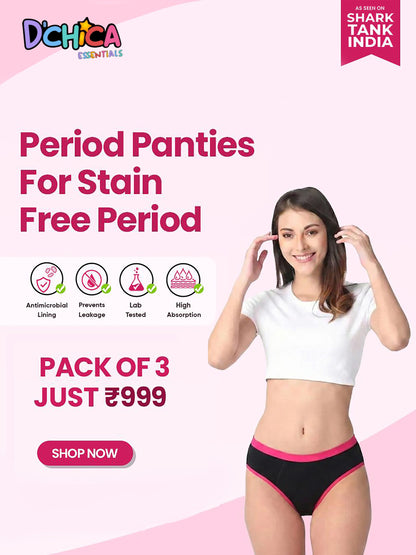 D'CHICA Essentials Assorted Colour Period Panties | No Pad Needed | Rash Free | Leakproof | Reusable | Pack of 3