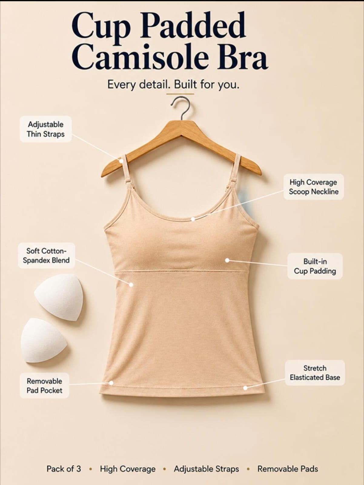 Pack of 2 | Cup Padded High Coverage Cotton Camisole Bra with Adjustable Straps in White & Black | Dchica Essentials