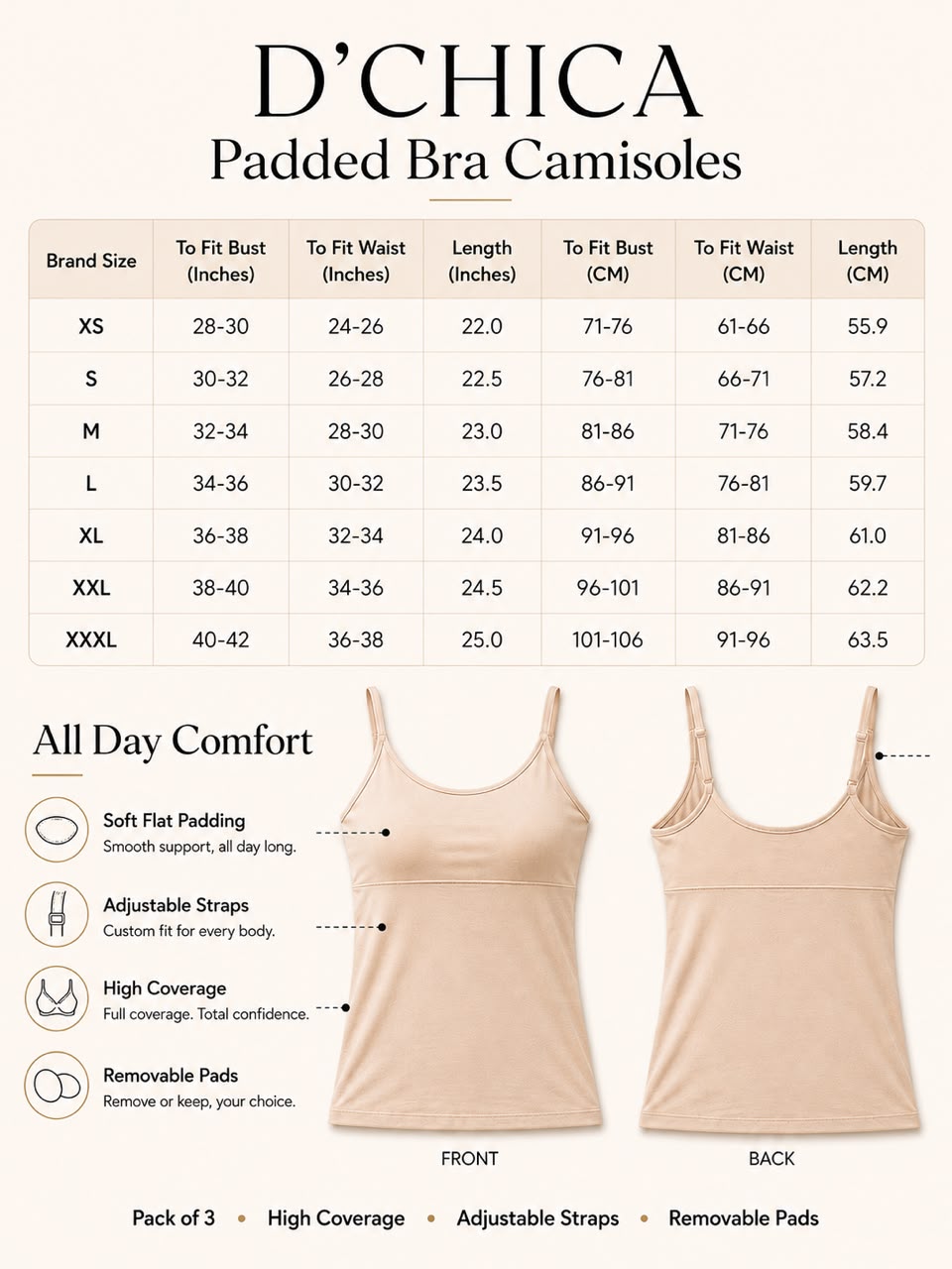 Pack of 2 | Cup Padded High Coverage Cotton Camisole Bra with Adjustable Straps in White & Black | Dchica Essentials